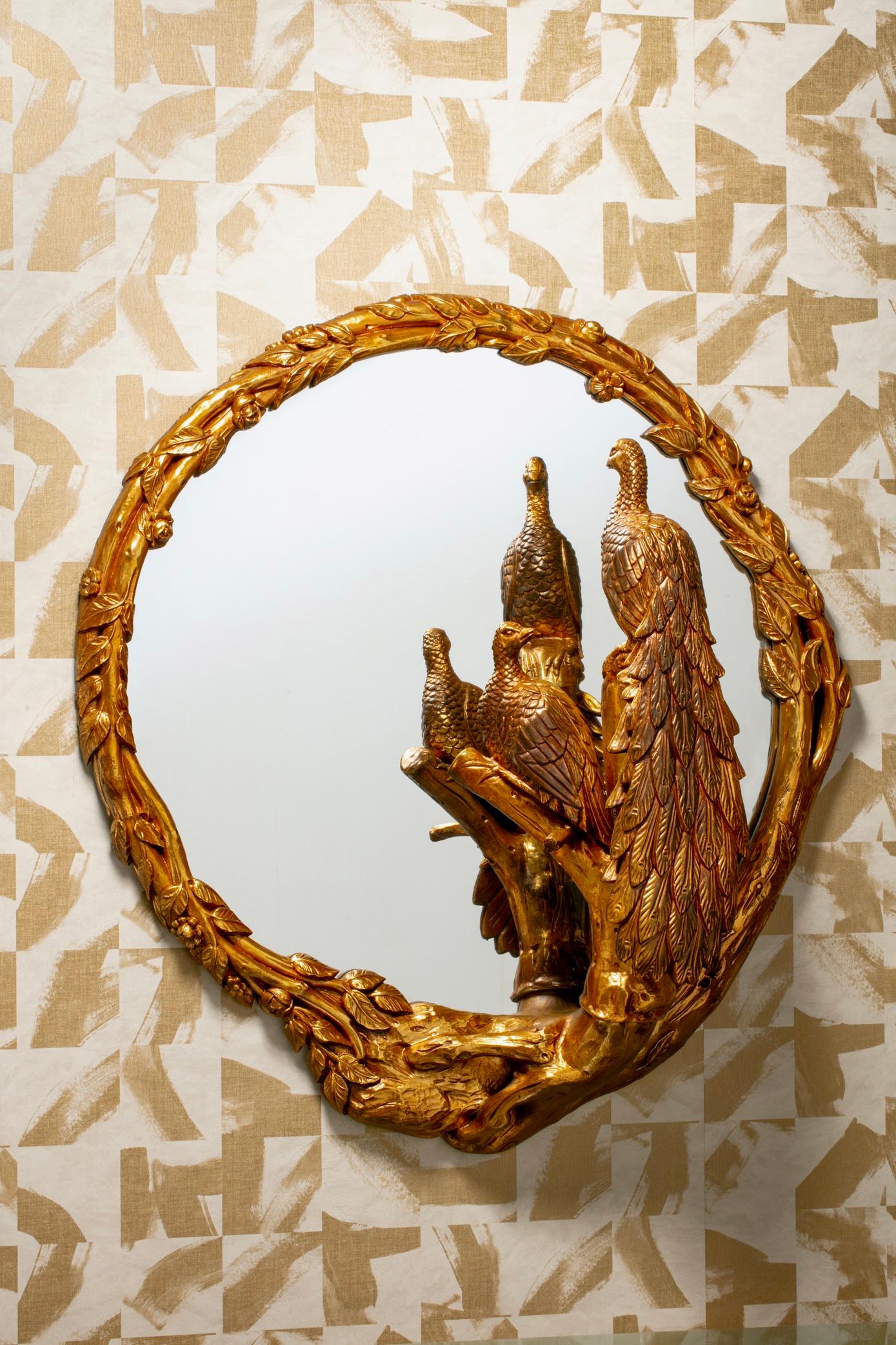 Large Italian Gilded Peacock Mirror of the Hollywood Regency Style c. 1965 In Good Condition In Saint Louis, MO