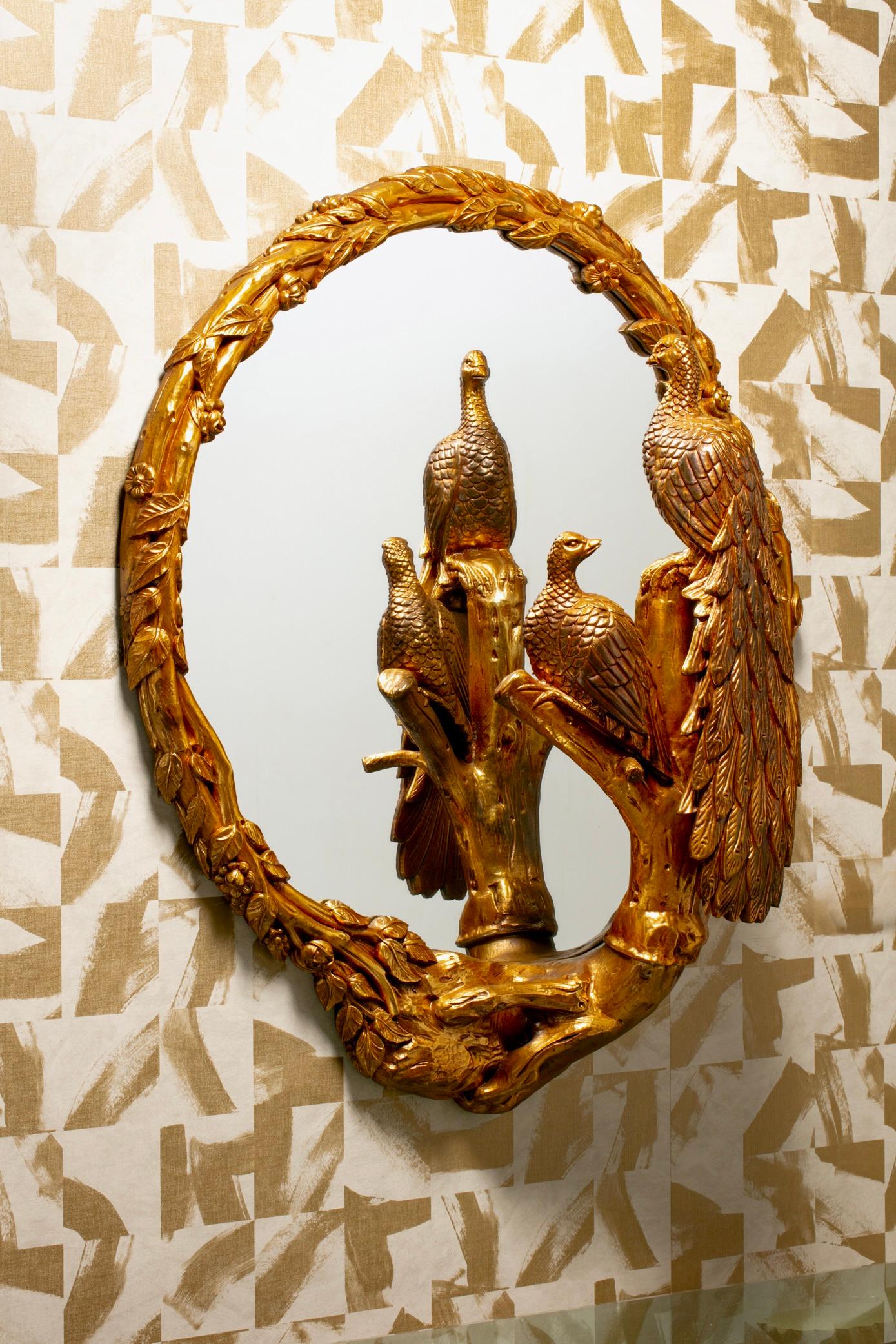 Mid-20th Century Large Italian Gilded Peacock Mirror of the Hollywood Regency Style c. 1965