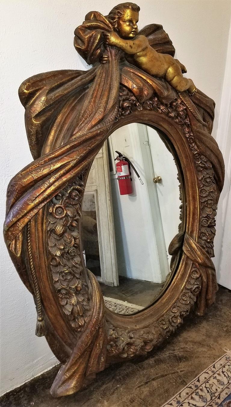 Large Italian Gilt Cherub or Putti Mirror Frame In Fair Condition In Dallas, TX