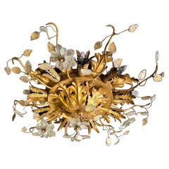Large Italian Gilt Metal and Crystal Floral Flush Mount, 1960s