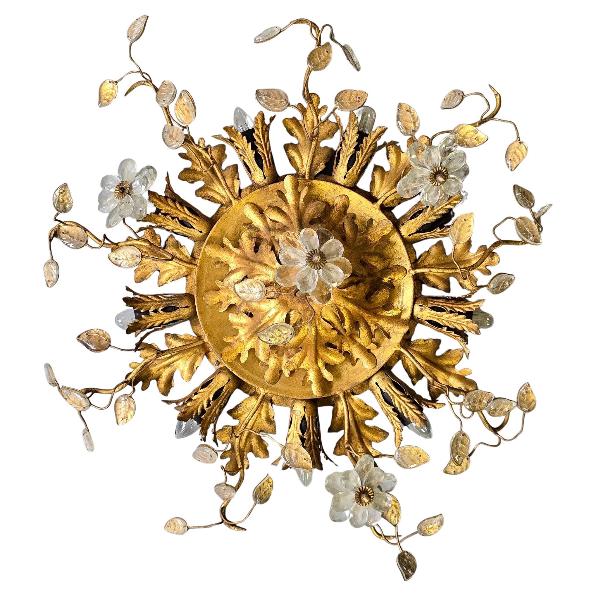 Banci Firenze Gilt Metal and Crystal Flower Flush Mount Ceiling Light, Italy