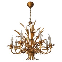 Large Italian Gilt Tole Wheat Sheaf Chandelier, circa 1970s