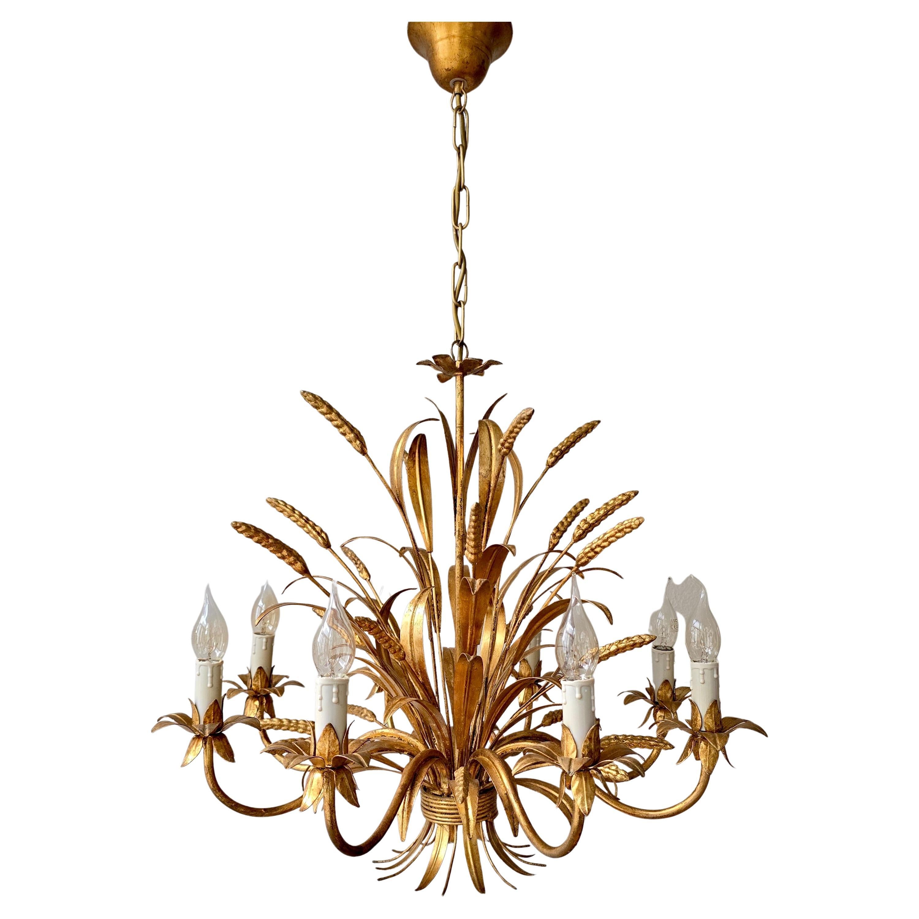 Large Italian Gilt Tole Wheat Sheaf Chandelier, circa 1970s For Sale