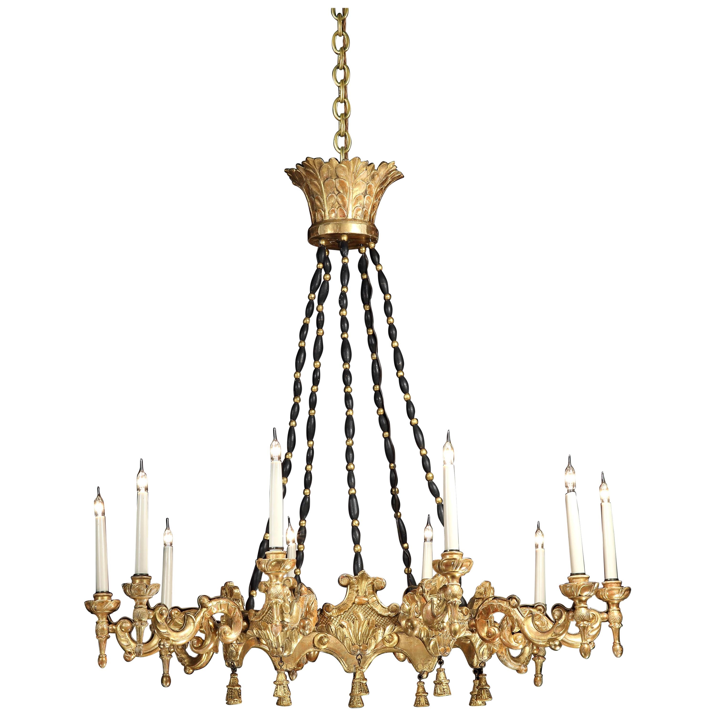 Large Italian Giltwood 10 Branch Baroque Style Chandelier