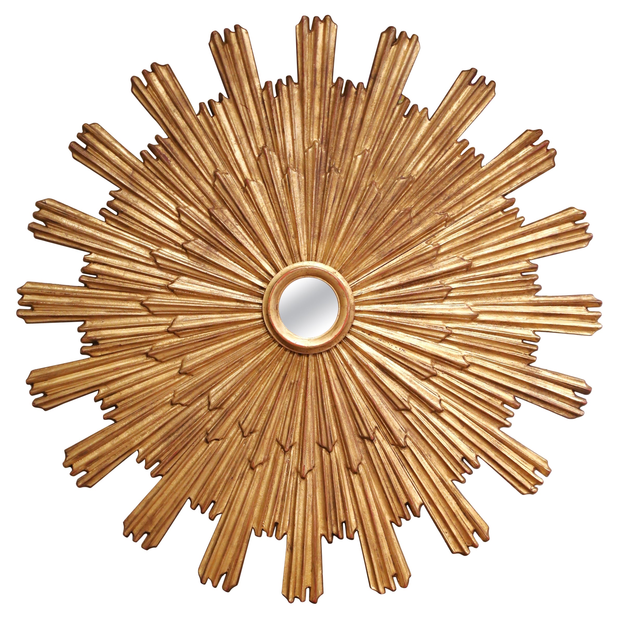 Gran espejo de madera dorada italiana con rayos de sol estratificados, 62,5" de diámetro