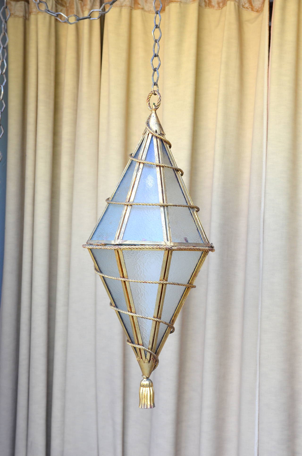 Hollywood Regency Large Italian Glass and Gilt Metal Geometric Hanging Lantern