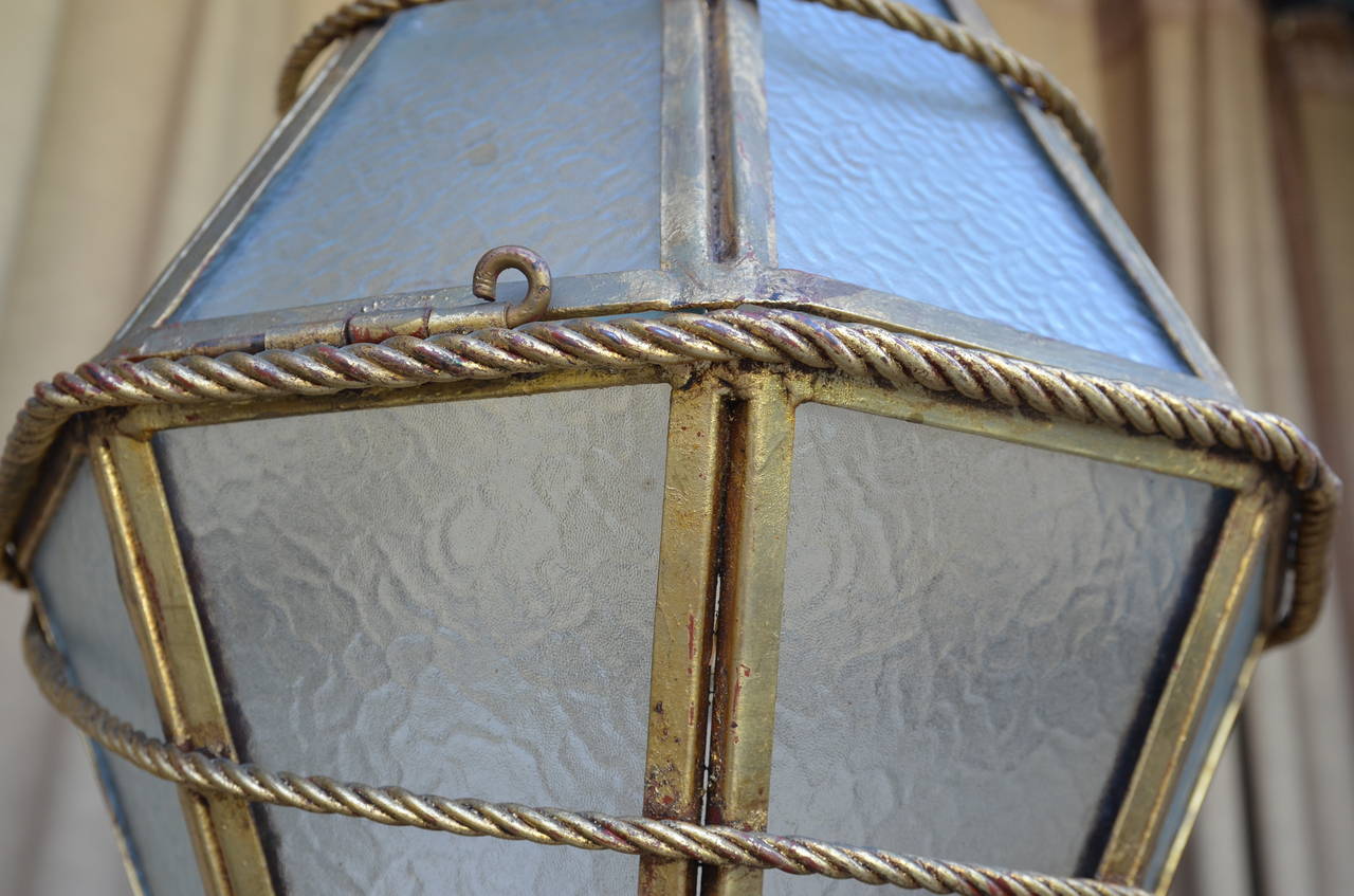 Frosted Large Italian Glass and Gilt Metal Geometric Hanging Lantern