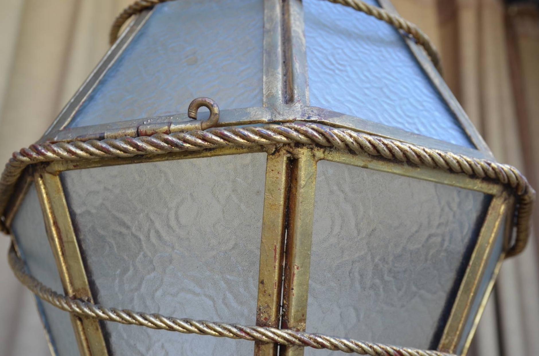 Frosted Large Italian Glass and Gilt Metal Geometric Hanging Lantern For Sale