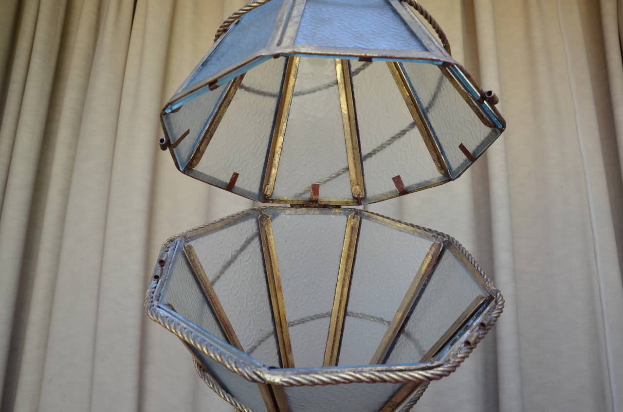 Large Italian Glass and Gilt Metal Geometric Hanging Lantern 1