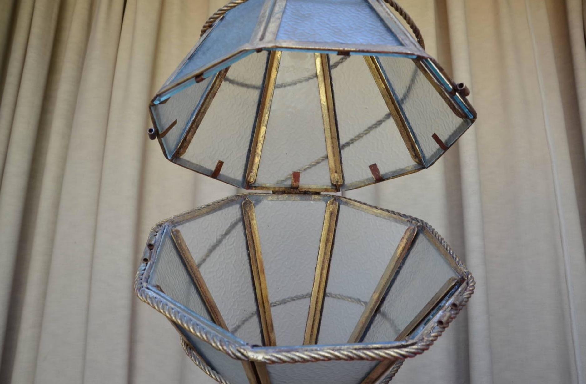 Large Italian Glass and Gilt Metal Geometric Hanging Lantern For Sale 1