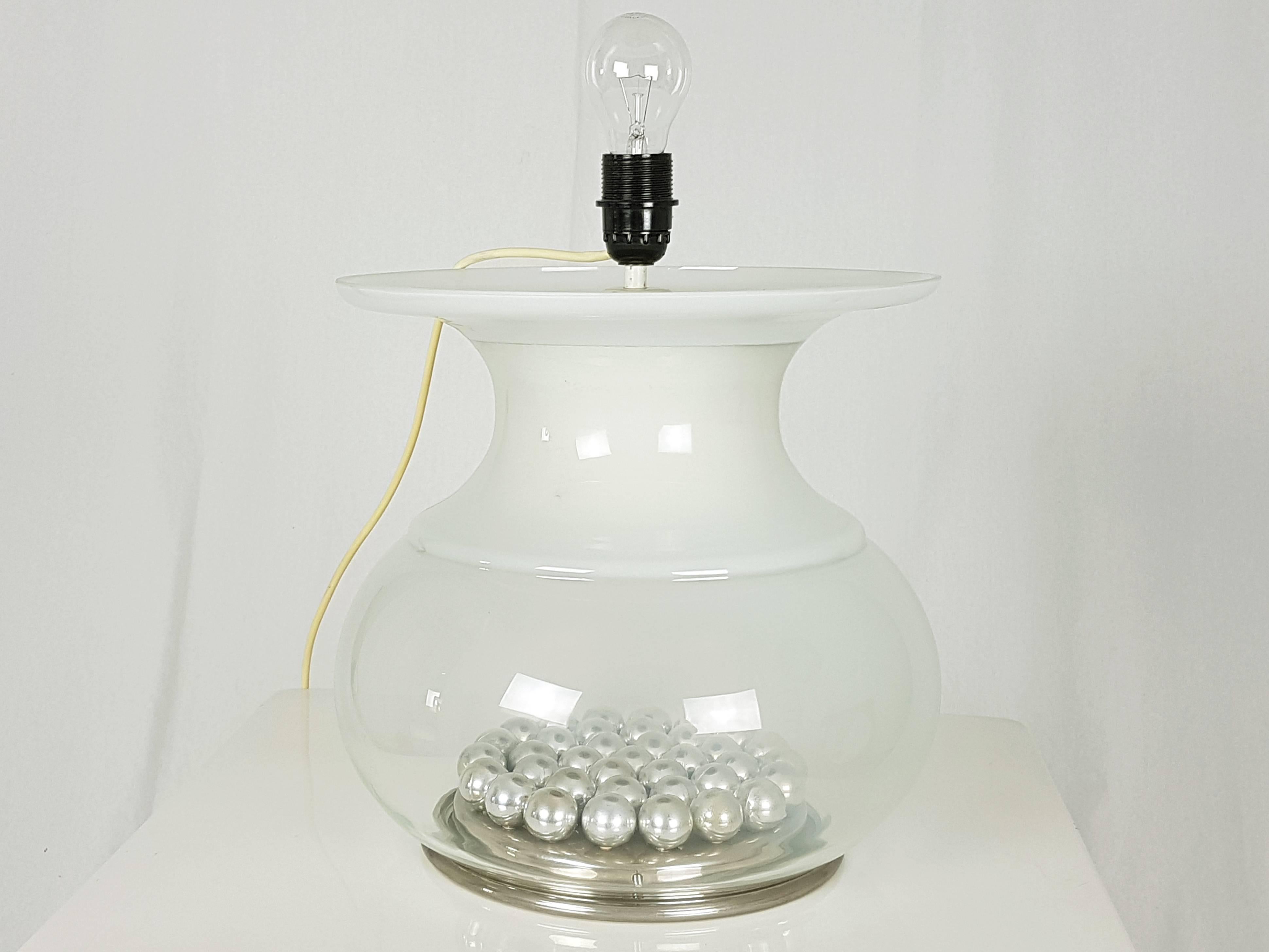Space Age Large Italian Glass, Silvered Plastic and Fiberglass Shade 1970s Table Lamp