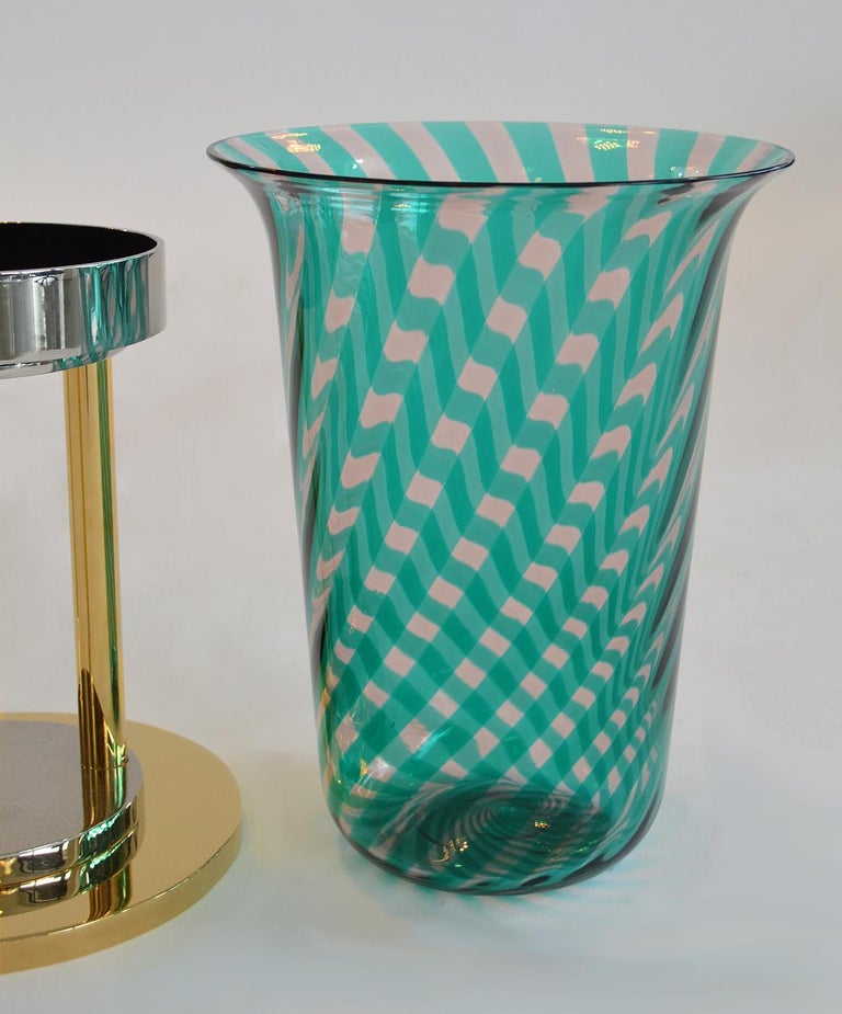Large Italian Glass Vase or Votive in Gold and Stainless Pedestal by