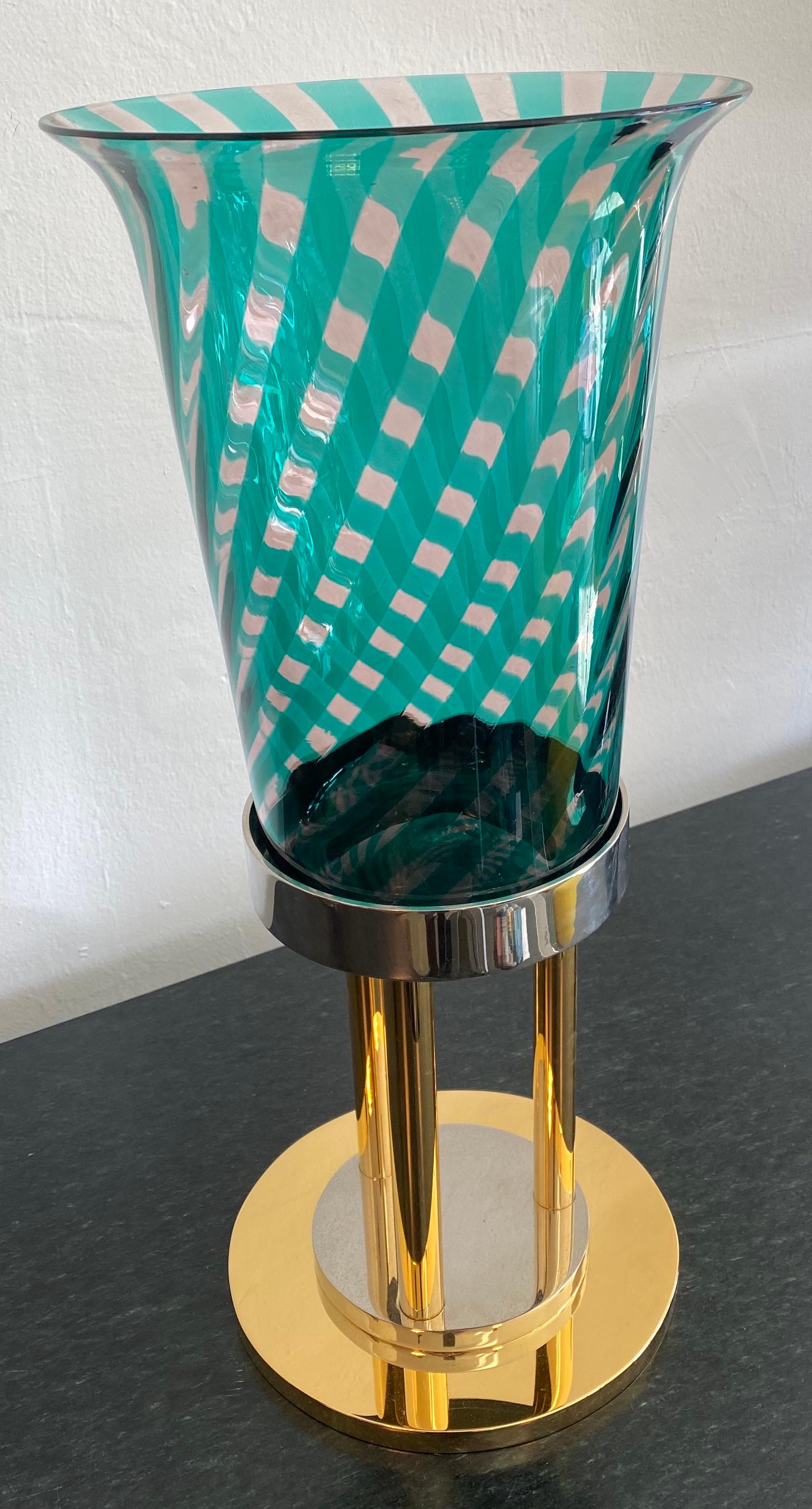 Modern Large Italian Glass Vase or Votive in Gold and Stainless Pedestal by VeArt For Sale