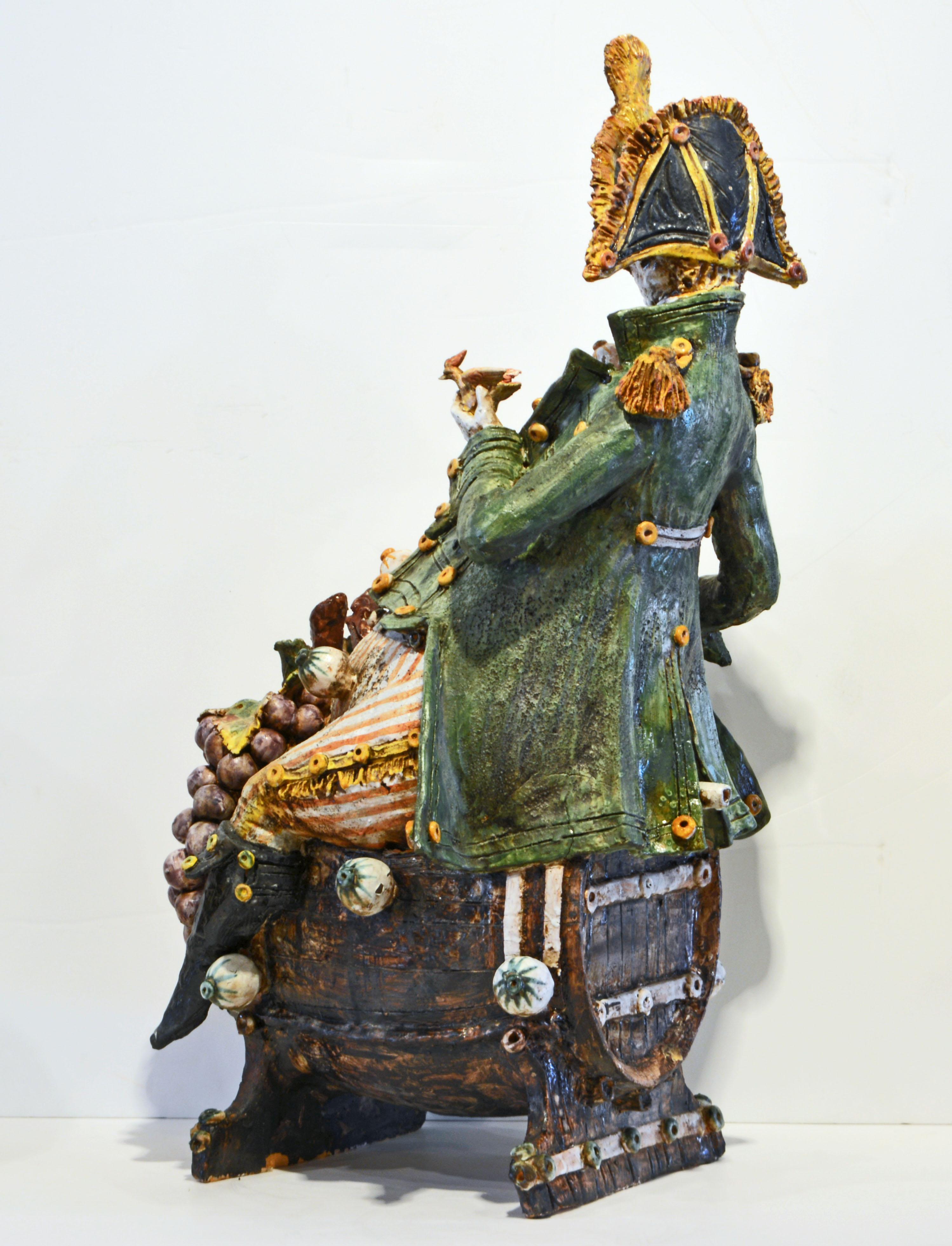 Post-Modern Large Italian Glazed Ceramic Sculpture of a Drinking General by Diego Poloniato