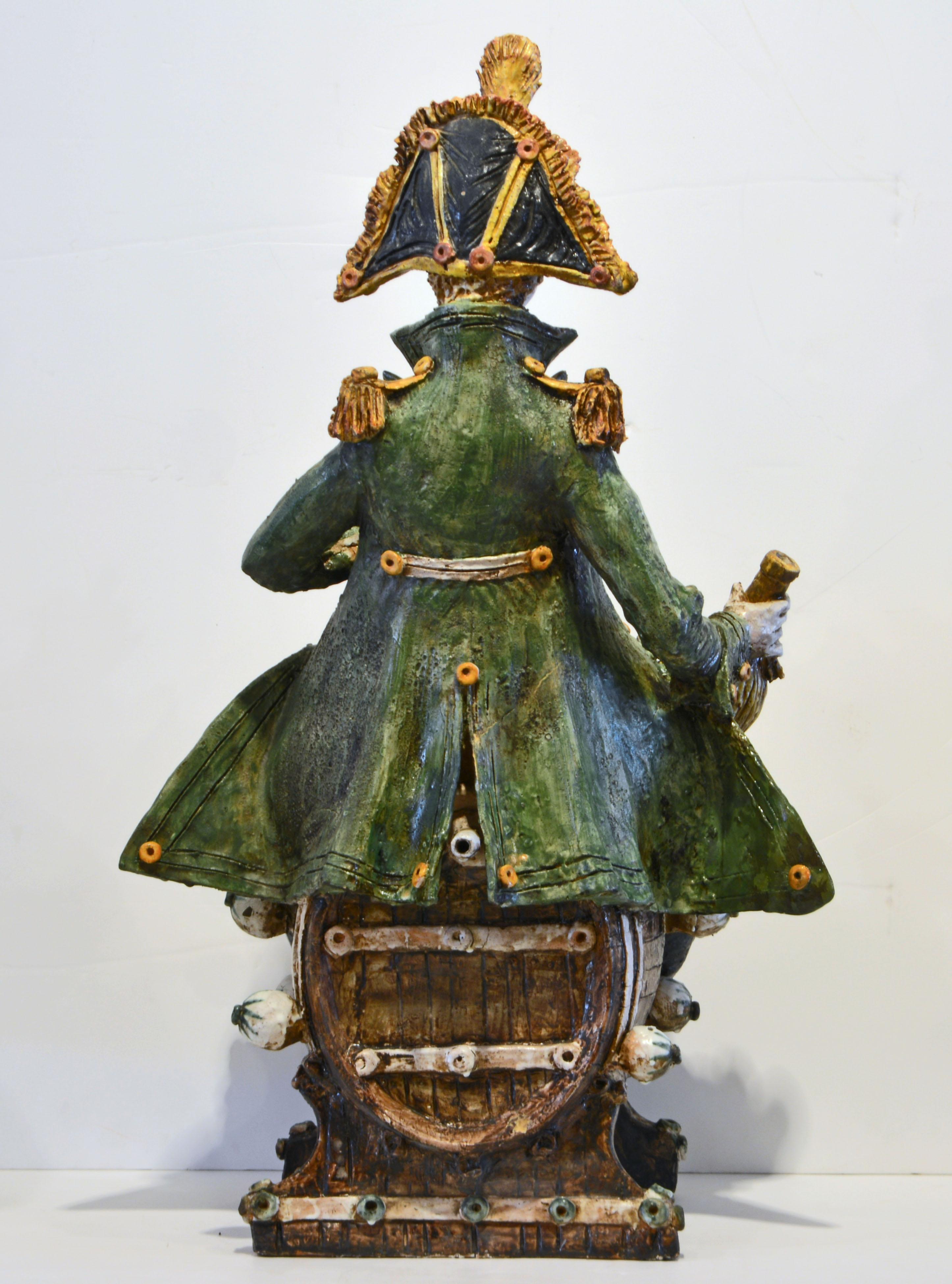 Large Italian Glazed Ceramic Sculpture of a Drinking General by Diego Poloniato In Good Condition In Ft. Lauderdale, FL