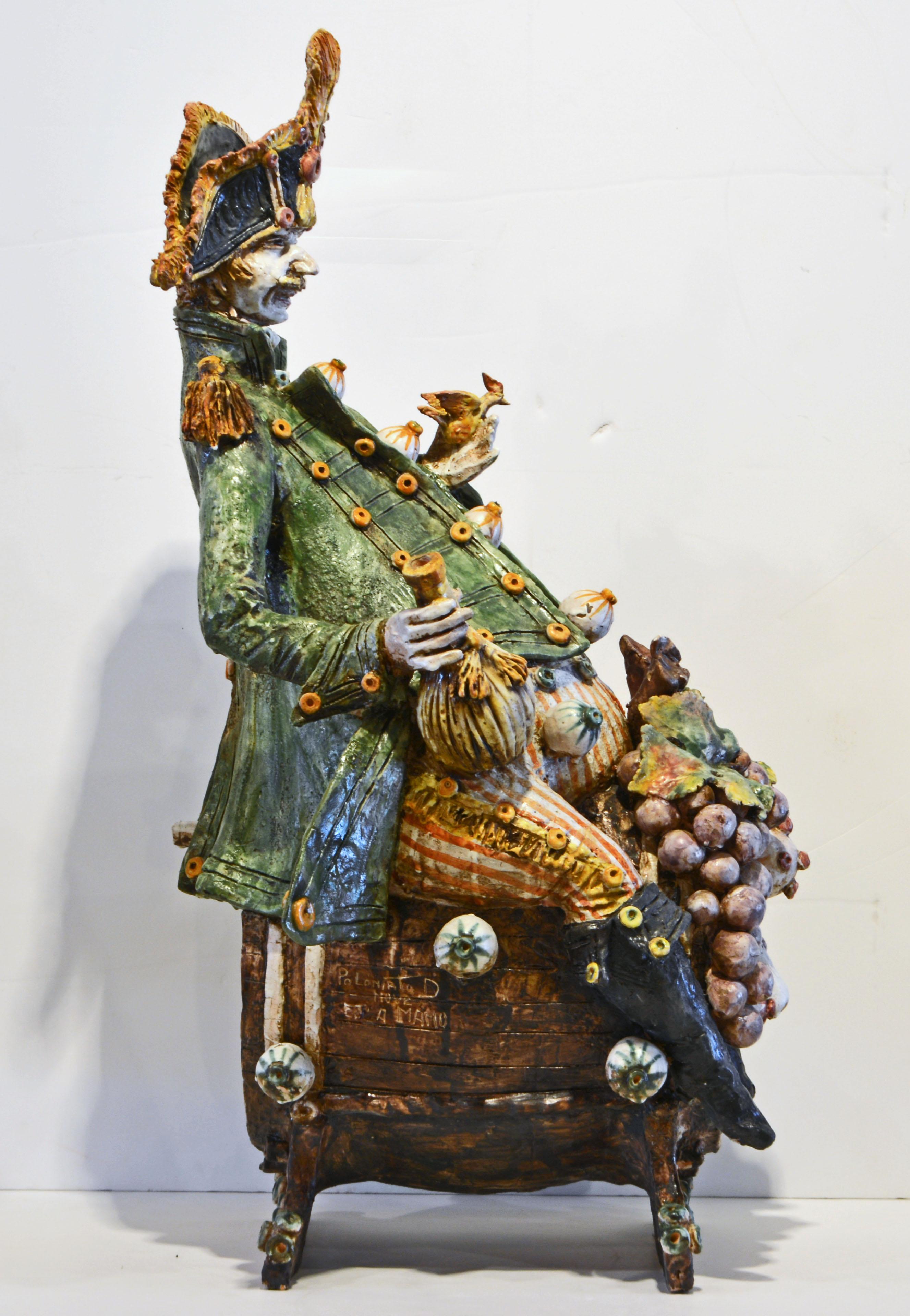 20th Century Large Italian Glazed Ceramic Sculpture of a Drinking General by Diego Poloniato