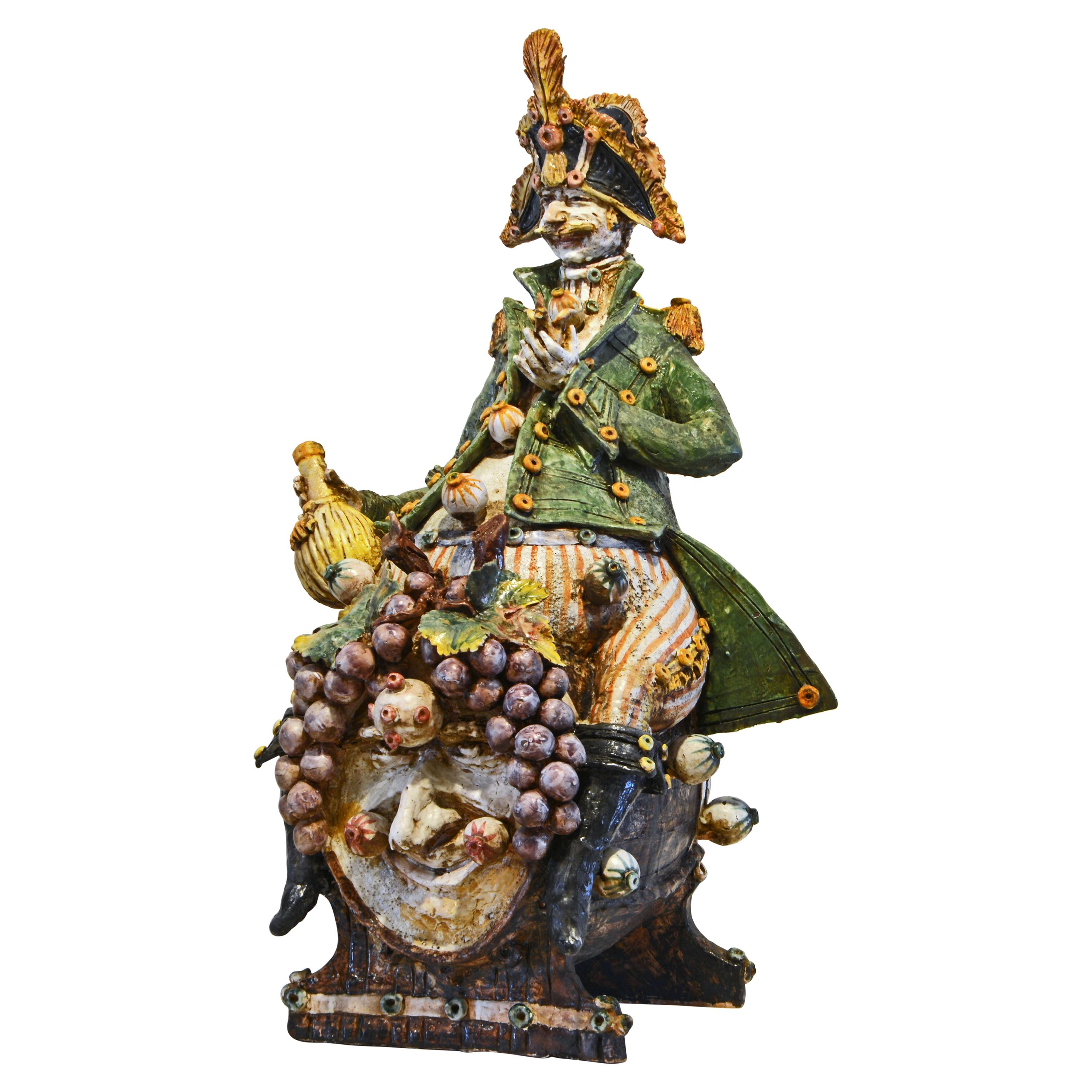 Large Italian Glazed Ceramic Sculpture of a Drinking General by Diego Poloniato