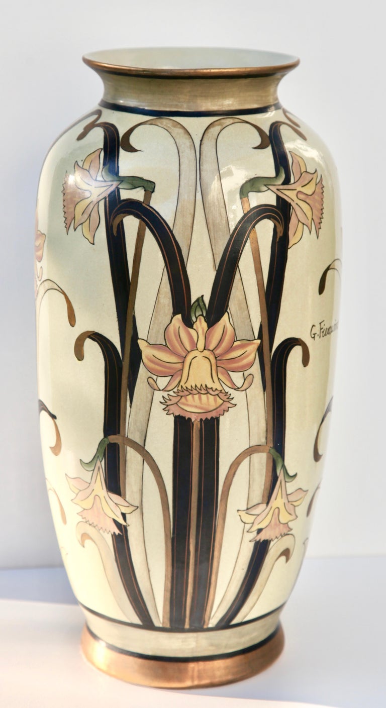 Large Italian Glazed Earthenware Vase, Hand Painted and Signed by G