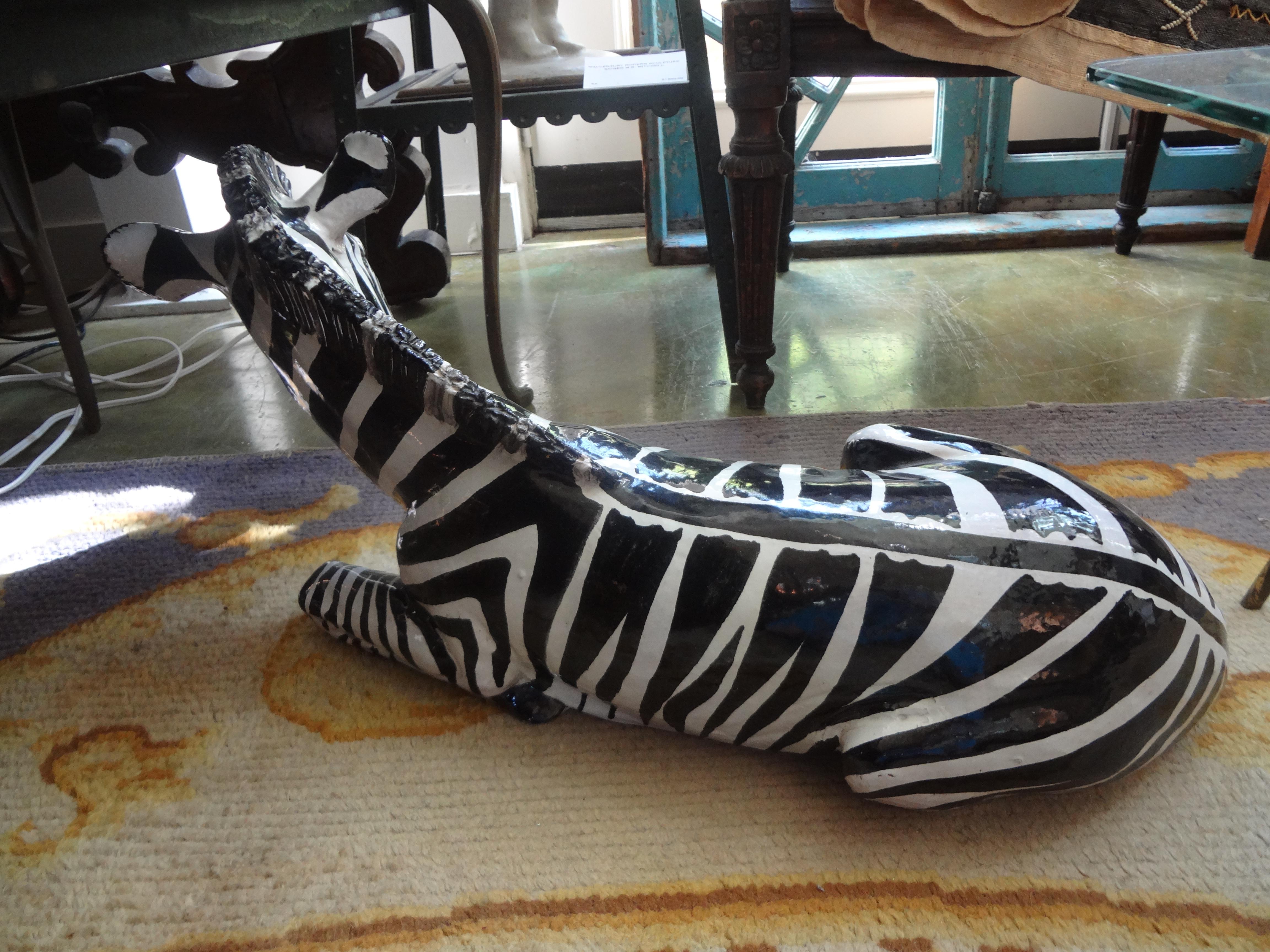 Monumental Italian Glazed Terracotta Zebra Figure In Good Condition For Sale In Houston, TX