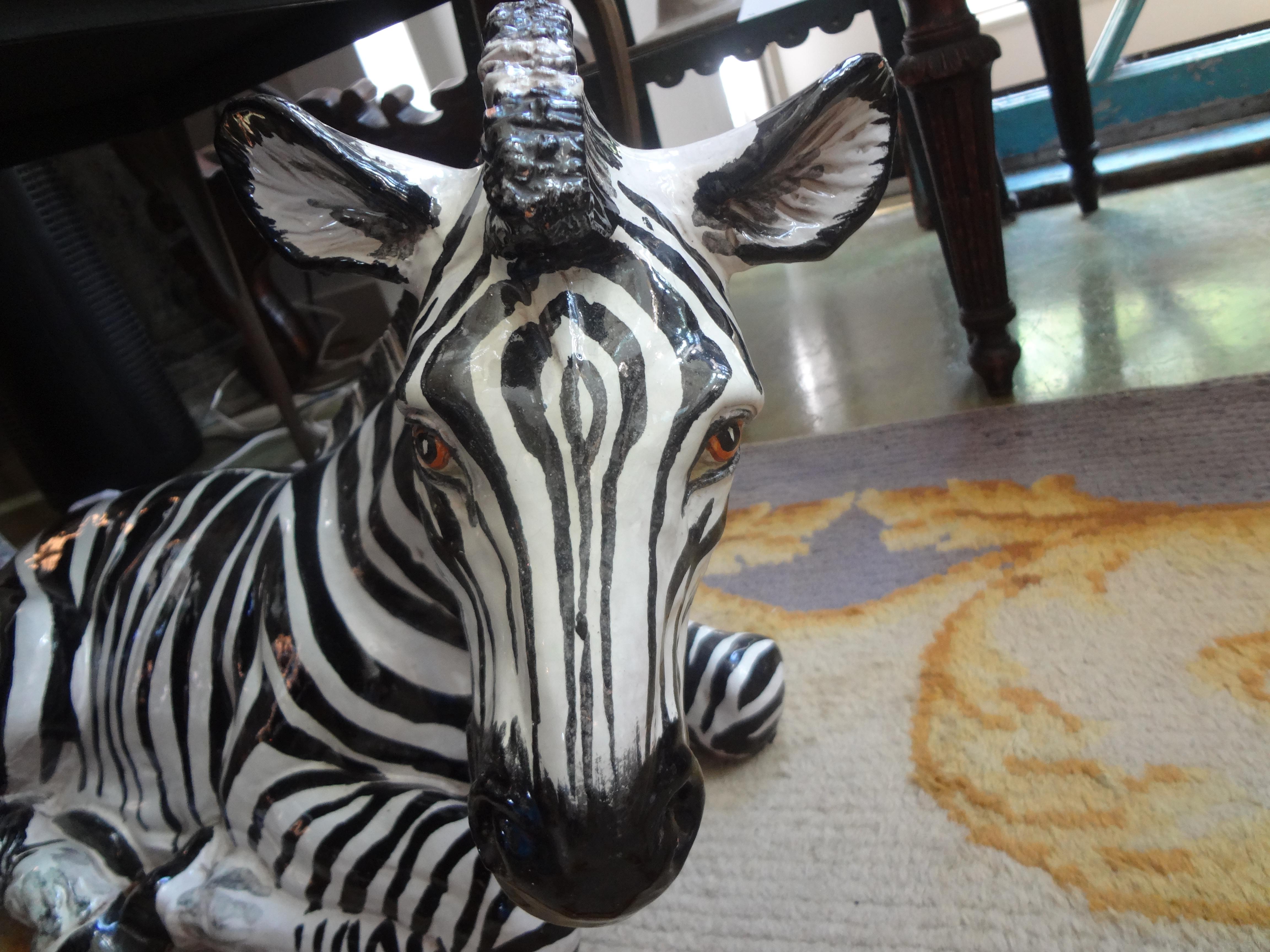 Mid-20th Century Monumental Italian Glazed Terracotta Zebra Figure For Sale