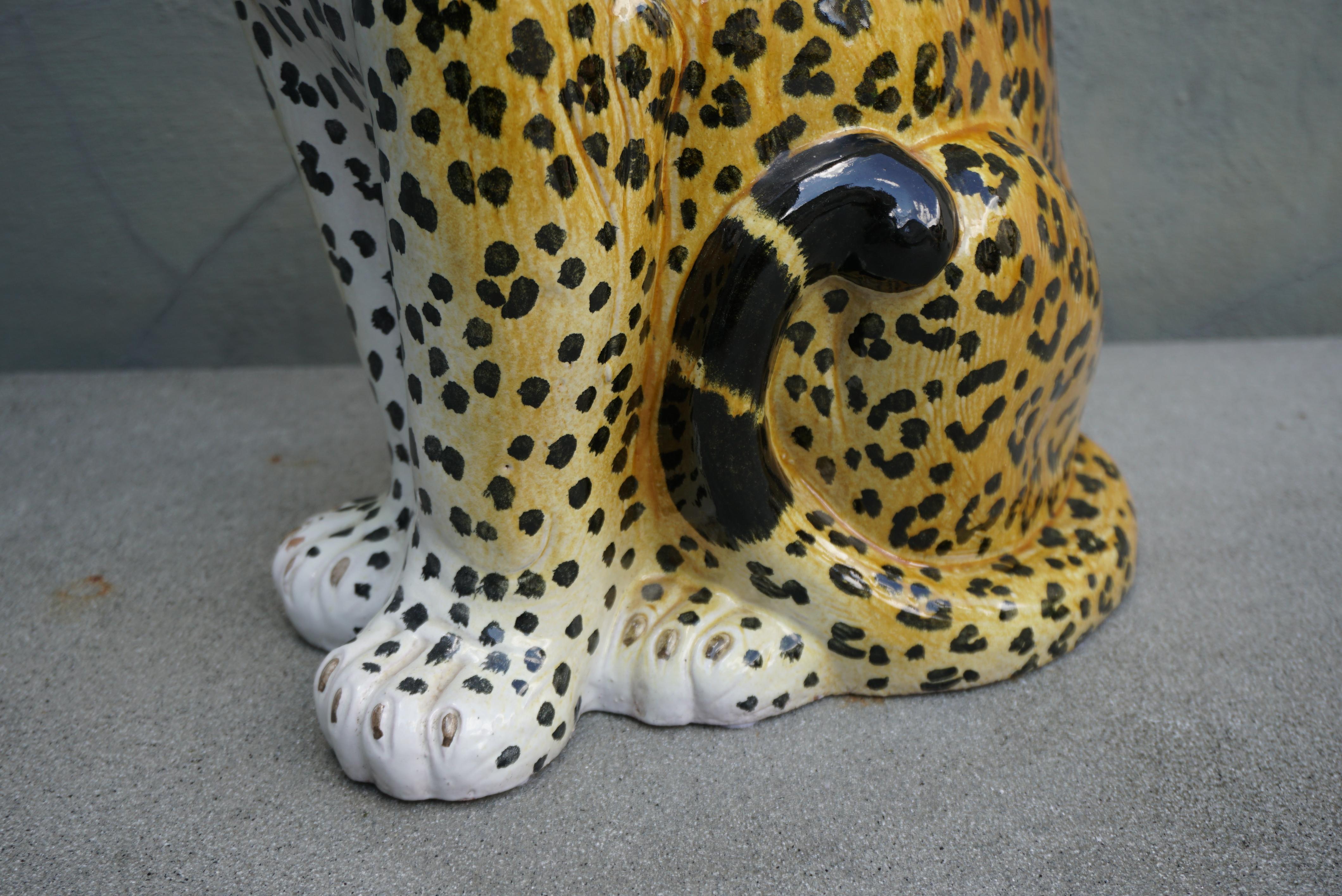 Large Italian Glazed Terracotta Leopard Cheetah Statue, 1960s Hollywood Regency For Sale 7