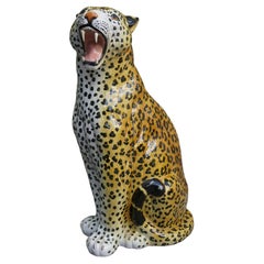 Large Italian Glazed Terracotta Leopard Cheetah Statue, 1960s Hollywood Regency