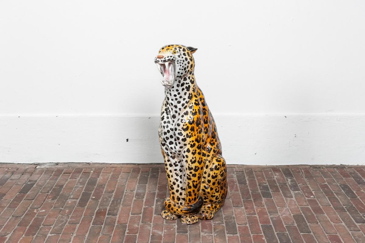 Large Italian glazed terracotta leopard figure statue, 1960s Hollywood Regency.
Very eclectic decorative piece that will make a statement. 
Handmade in Italy, painted by hand and then glaced.
Measure: height 82cm.
