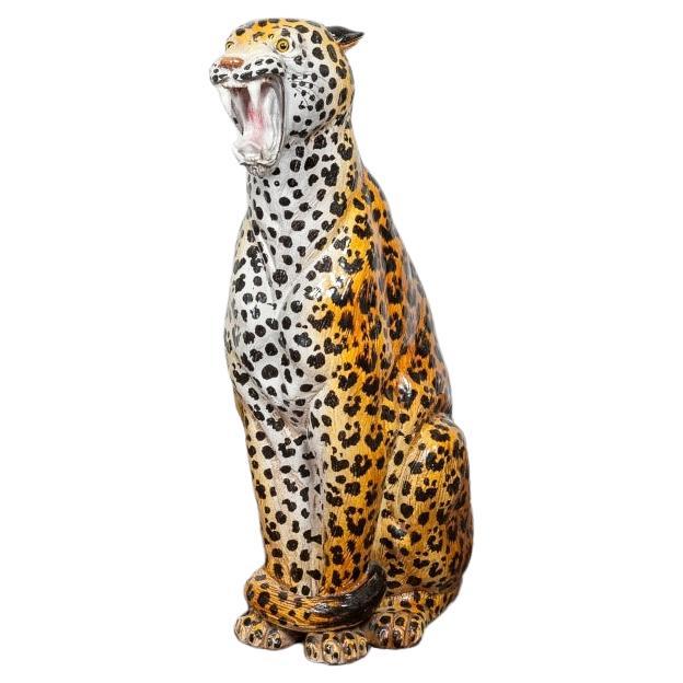 Large Italian Glazed Terracotta Leopard Figure Statue, 1960s Hollywood Regency