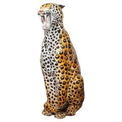 Large Italian Glazed Terracotta Leopard Figure Statue, 1960s Hollywood Regency