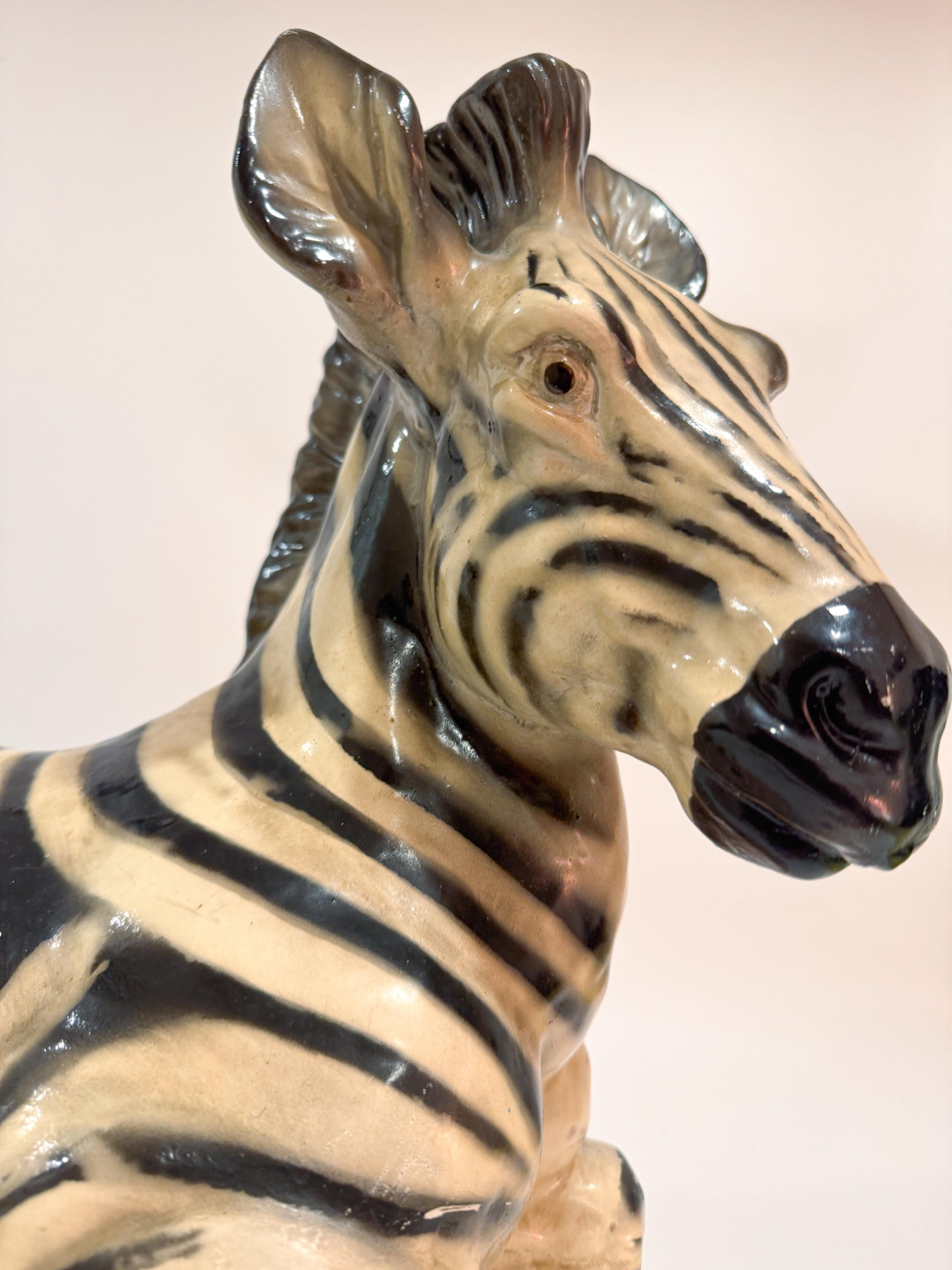 Hollywood Regency Large Italian Glazed Terracotta Zebra Statue – Mid-Century, 1960s For Sale