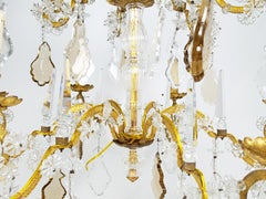Large Italian Gold Leaf Metal and Crystal Deco 12-Lights Chandelier
