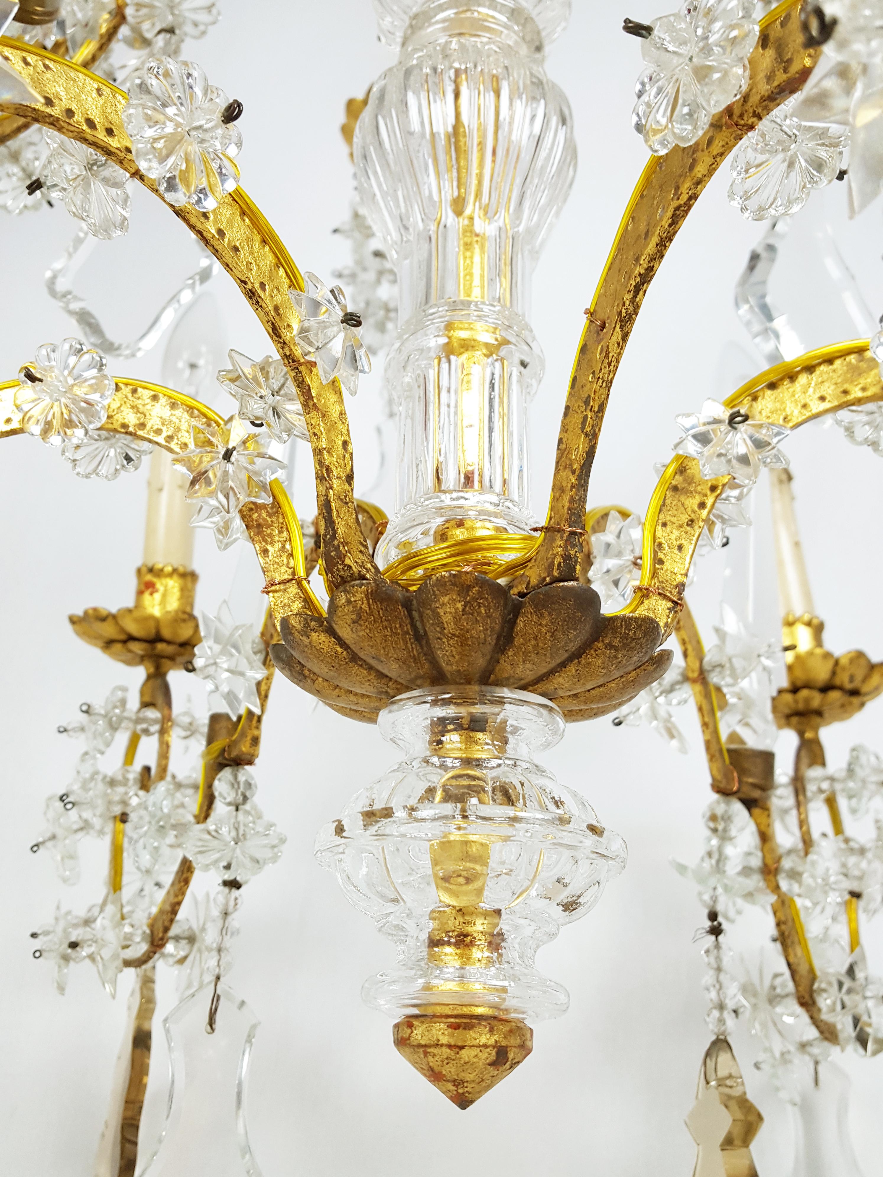Art Deco Large Italian Gold Leaf Metal and Crystal Deco 12-Lights Chandelier For Sale