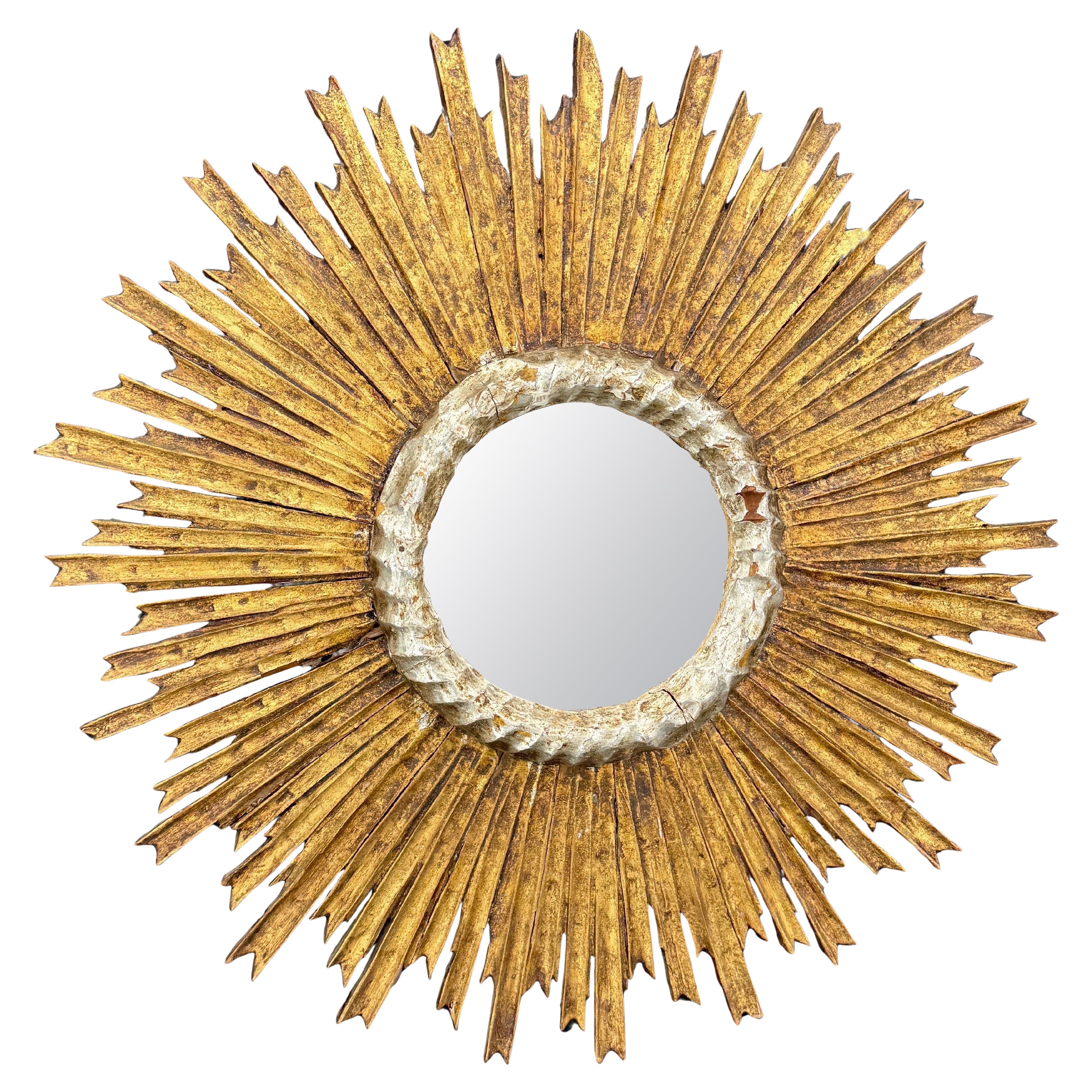 Large Italian Gold Silver Leaf Wood Starburst Sunburst Wall Mirror