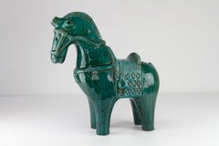 Large Italian Green Ceramic Horse by Aldo Londi for Bitossi, Signed, 1960s.