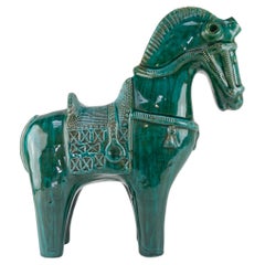 Grand cheval italien en céramique verte par Aldo Londi pour Bitossi, signé, années 1960.