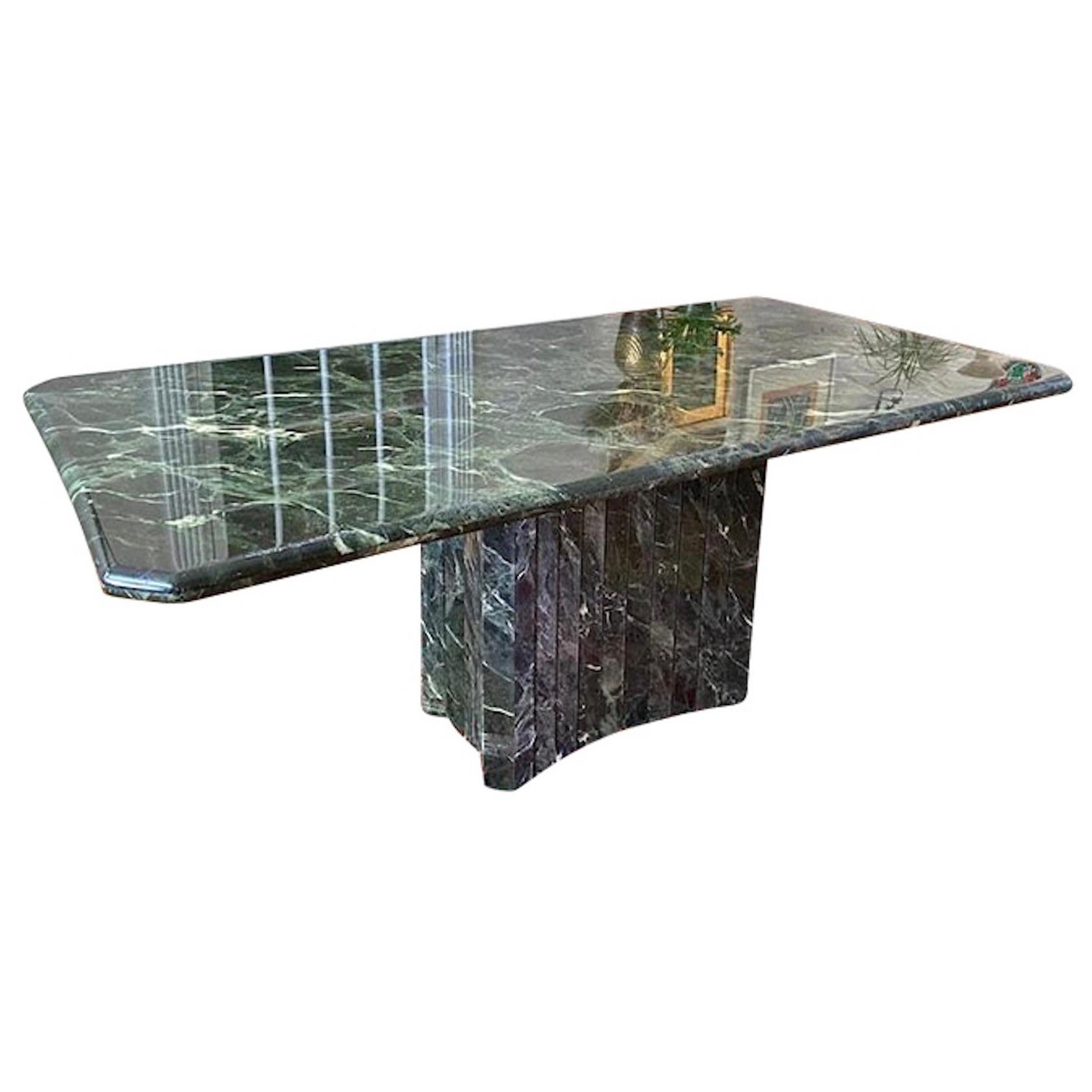Grande table à manger italienne rectangulaire à piédestal en pierre de marbre vert Verde