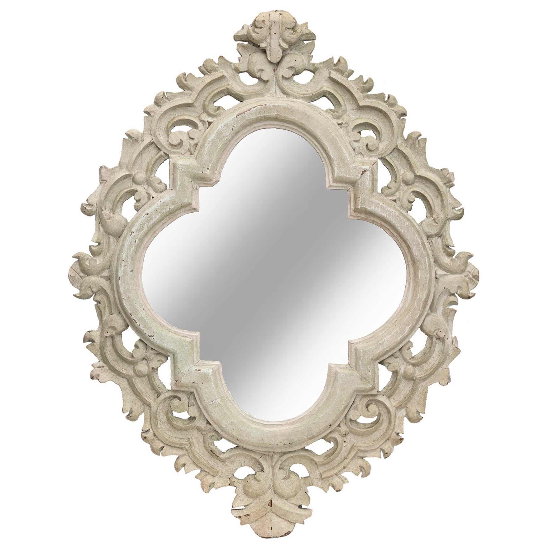 Dramatic Large Rococo mirror with original paint. A few missing elements, barely noticeable. Wired to hang both horizontally and vertically.