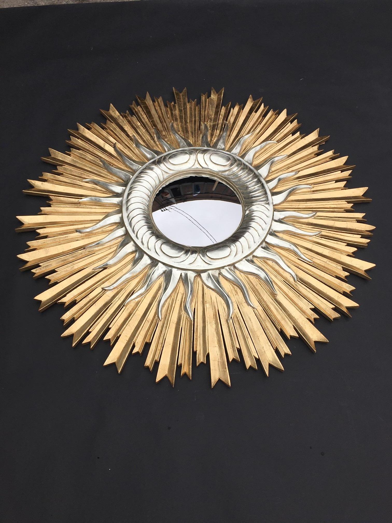 Large Italian hand carved sunburst mirror with yellow and white gold, 1960s, Italy.