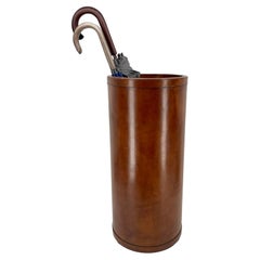 Large Italian Hand-Crafted Brown Leather Umbrella Stand