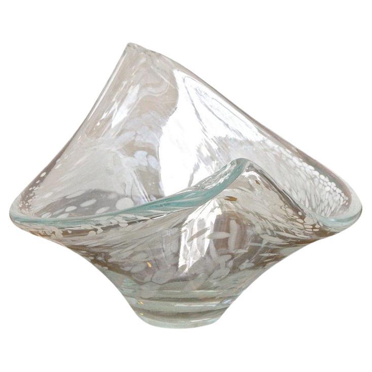 Large Italian Handmade Clear and White Art Glass Bowl, circa 1960s For Sale