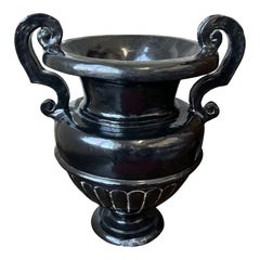 Large Italian Hand-Painted Black Ceramic Urn with Handles, Decorative Art