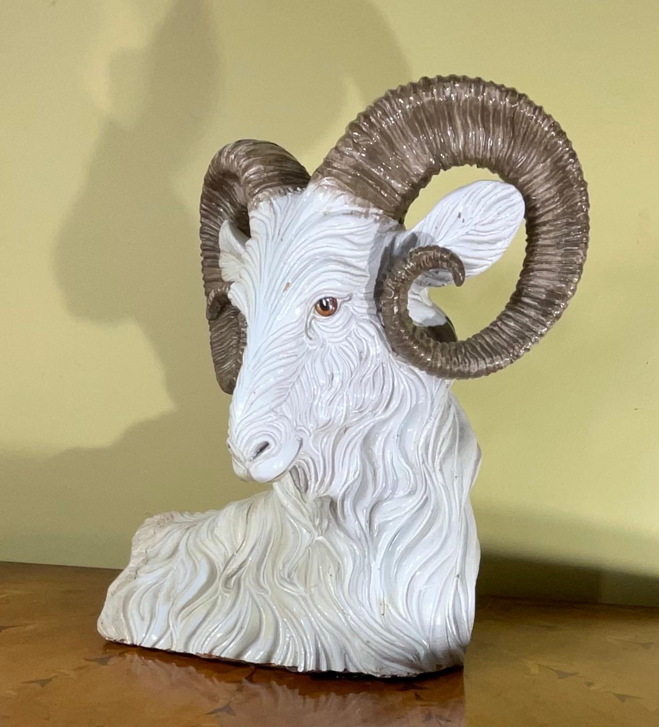 Large hand painted and glazed ceramic ram head made in Italy in the 1950s great as accent piece or center piece.