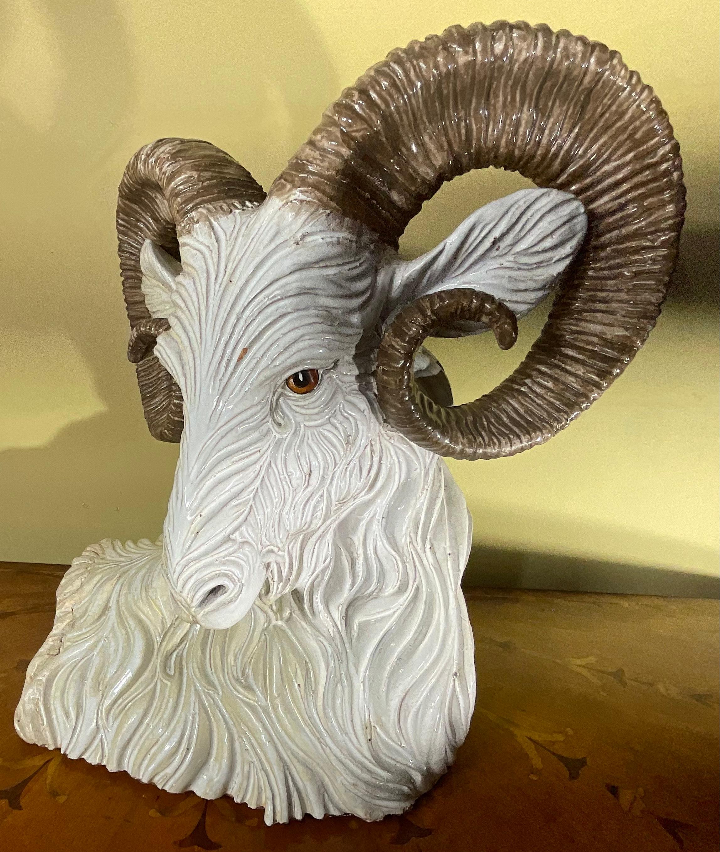 Hand-Crafted Large Italian Hand Painted Ceramic Ram Head Sculpture, 1950s For Sale