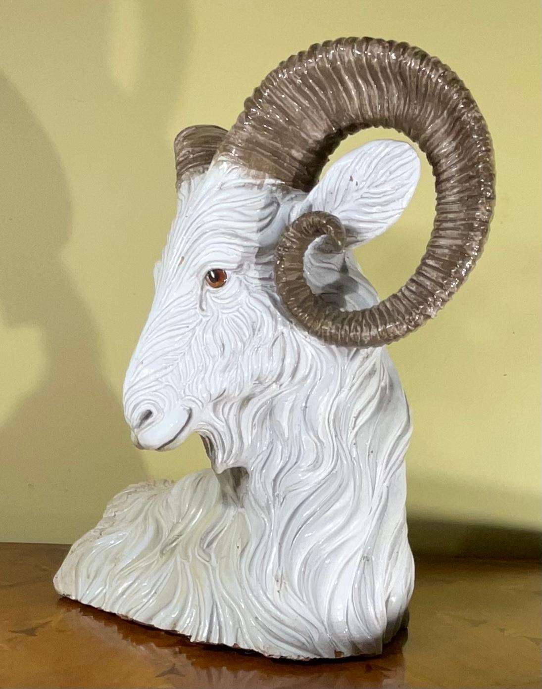 Large Italian Hand Painted Ceramic Ram Head Sculpture, 1950s In Good Condition For Sale In Delray Beach, FL