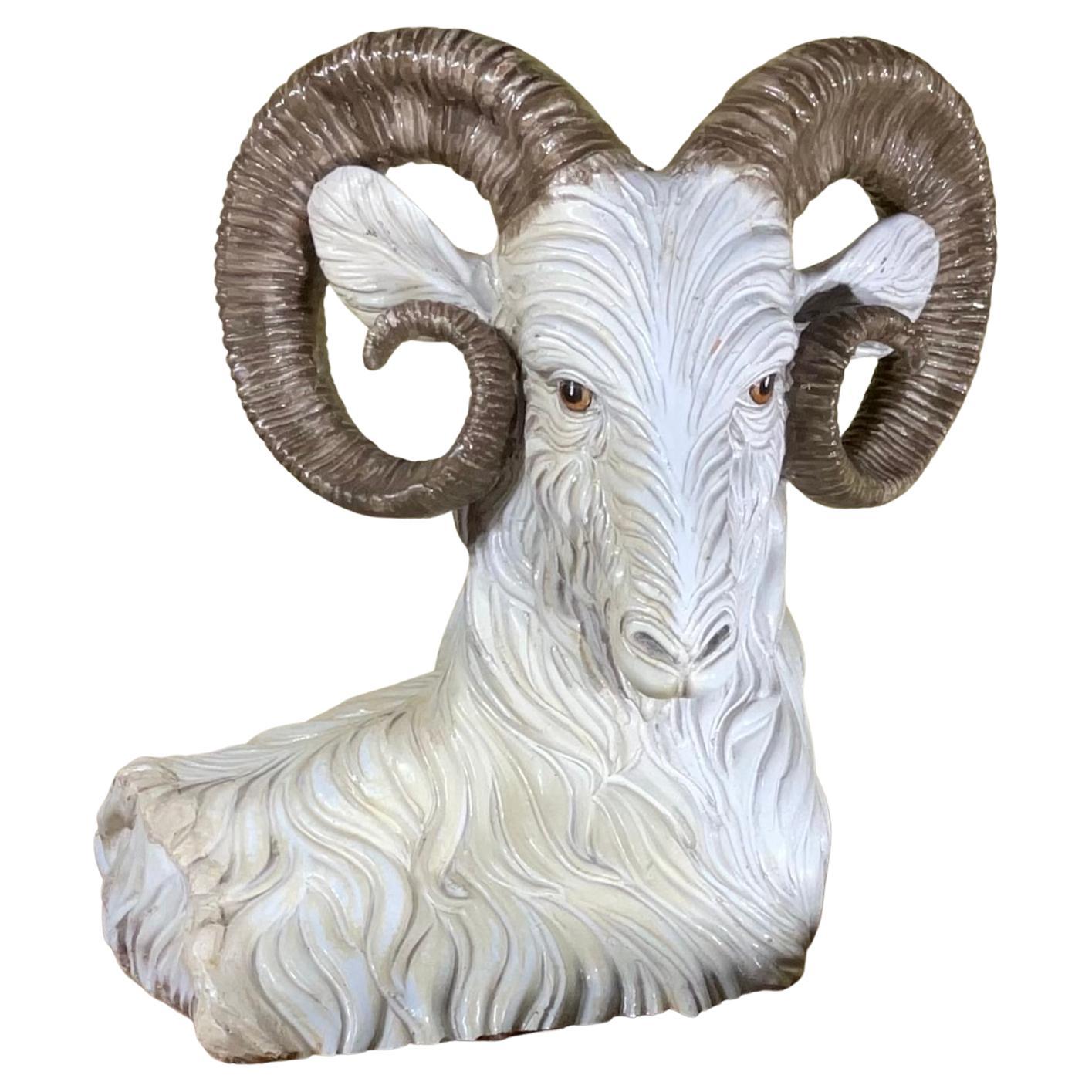 Large Italian Hand Painted Ceramic Ram Head Sculpture, 1950s For Sale