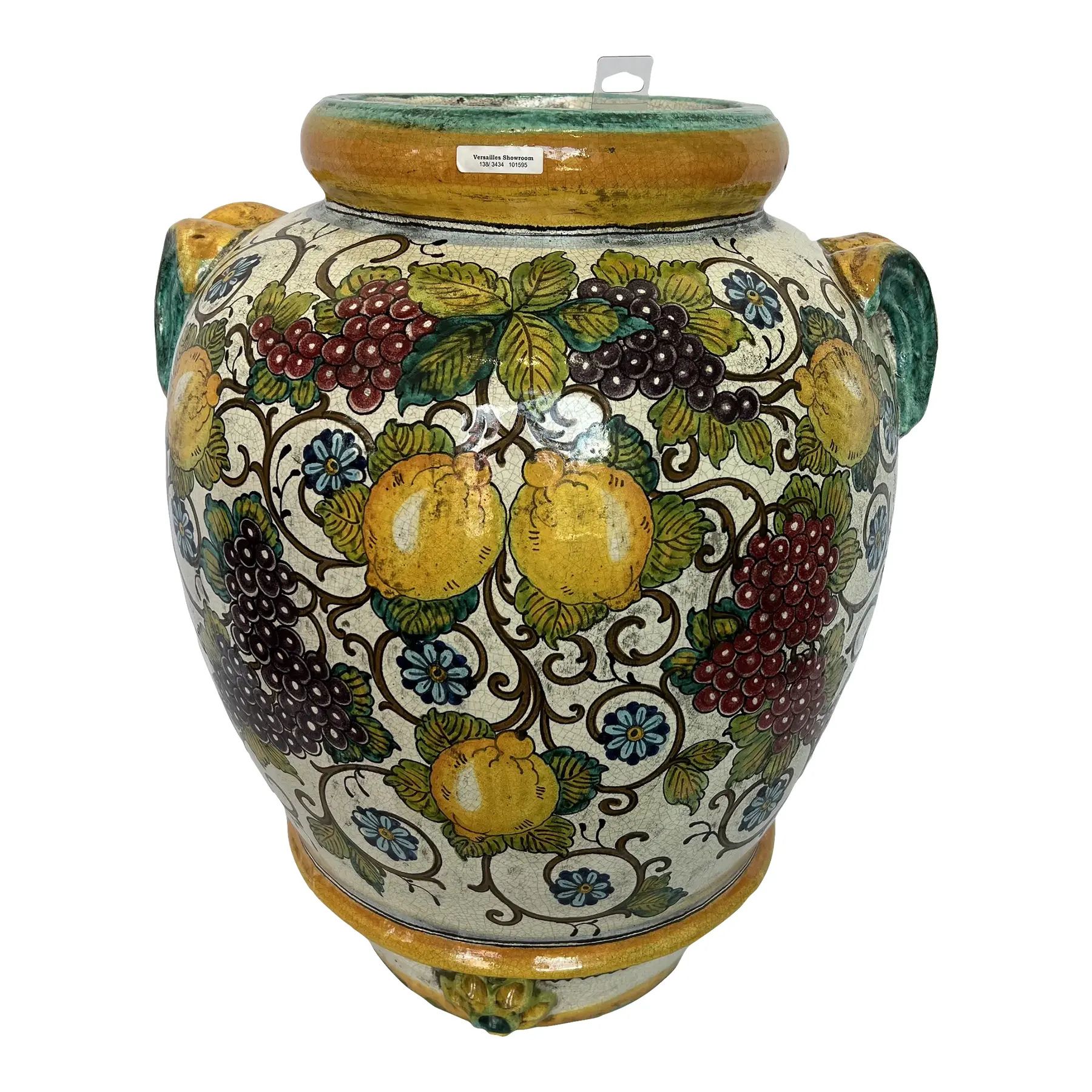 Large Italian Hand-Painted Ceramic Vase with Grape & Lemon Motif, Art Pottery