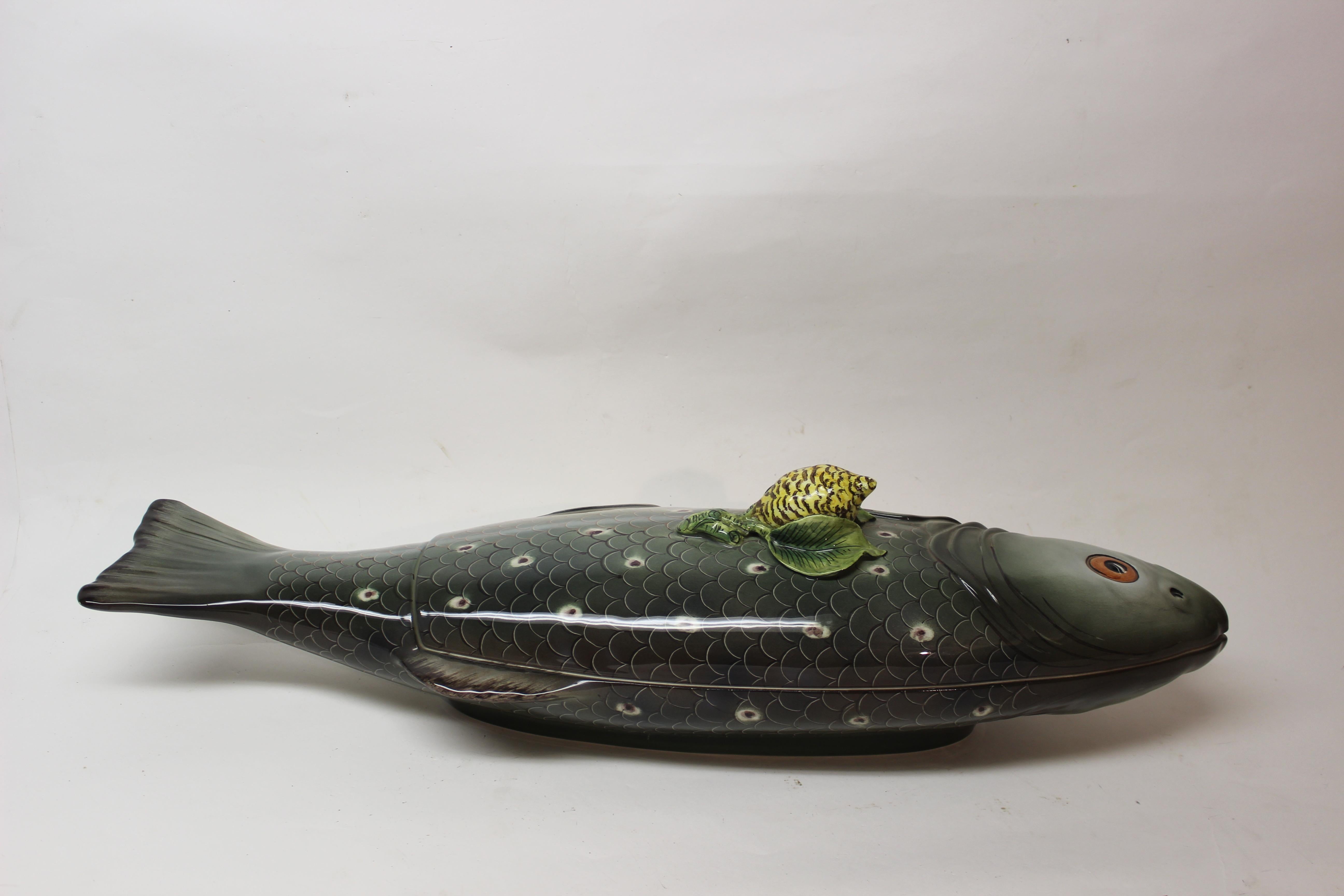 Large Italian Hand Painted Tiffany's Ceramic Trout Tureen In Excellent Condition In East Hampton, NY