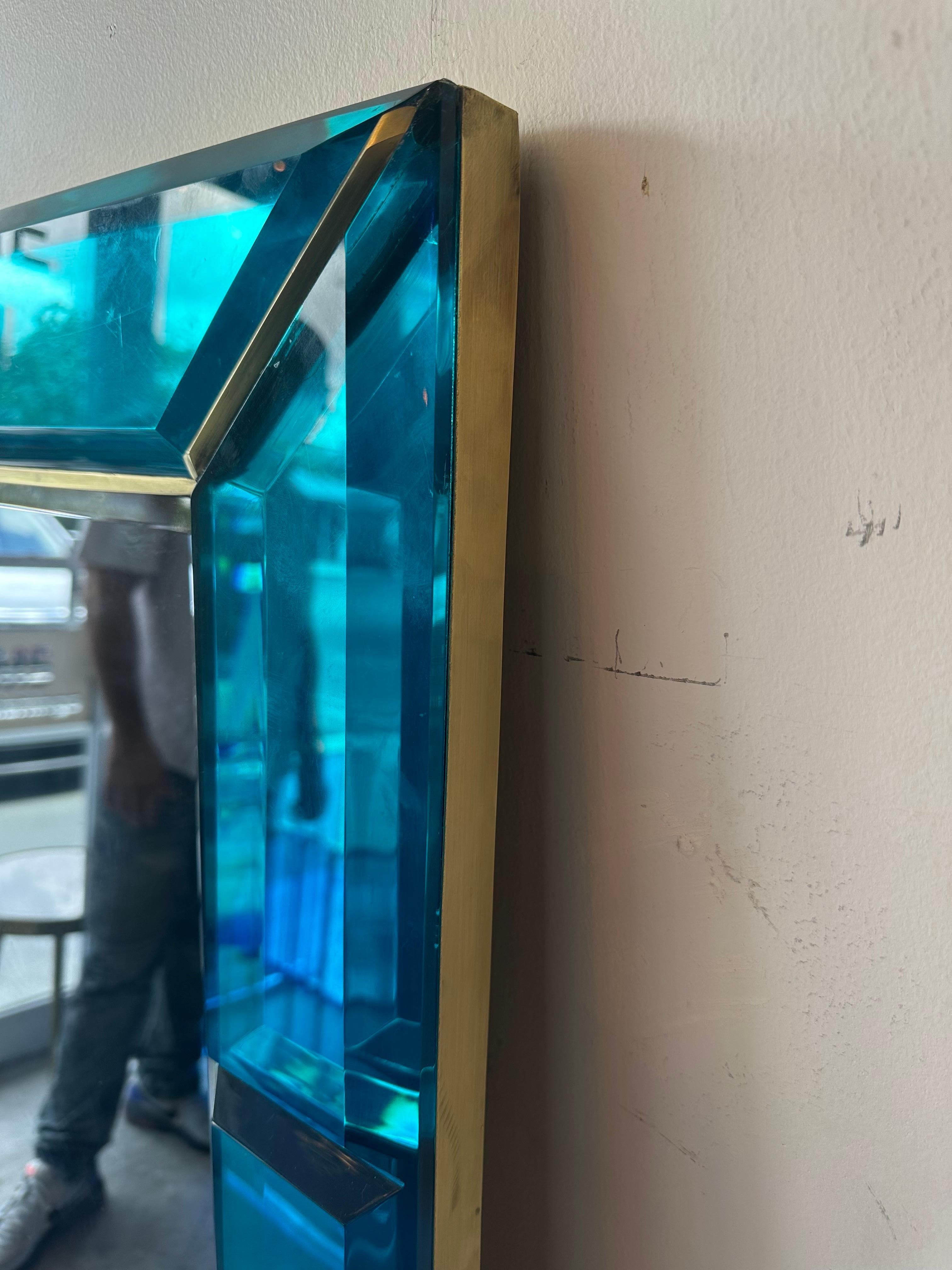Large Italian Handcrafted Aqua Blue Gem Cut Mirror with Brass Trim For Sale 4