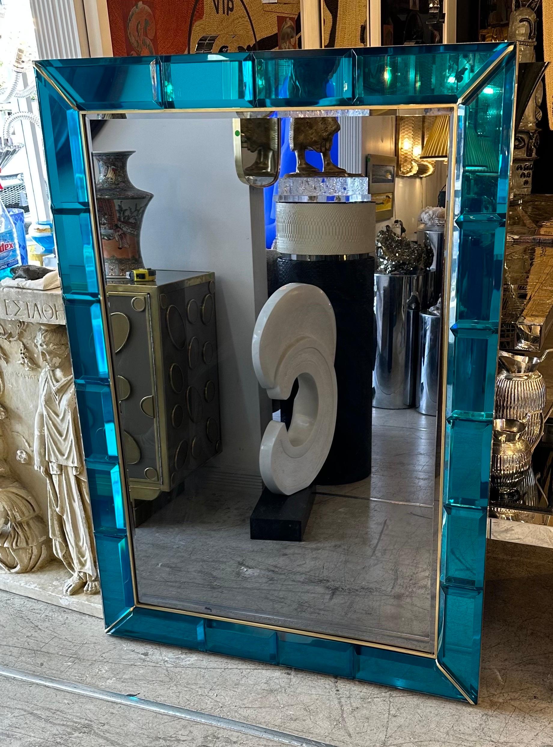 Large Italian Handcrafted Aqua Blue Gem Cut Mirror with Brass Trim For Sale 5