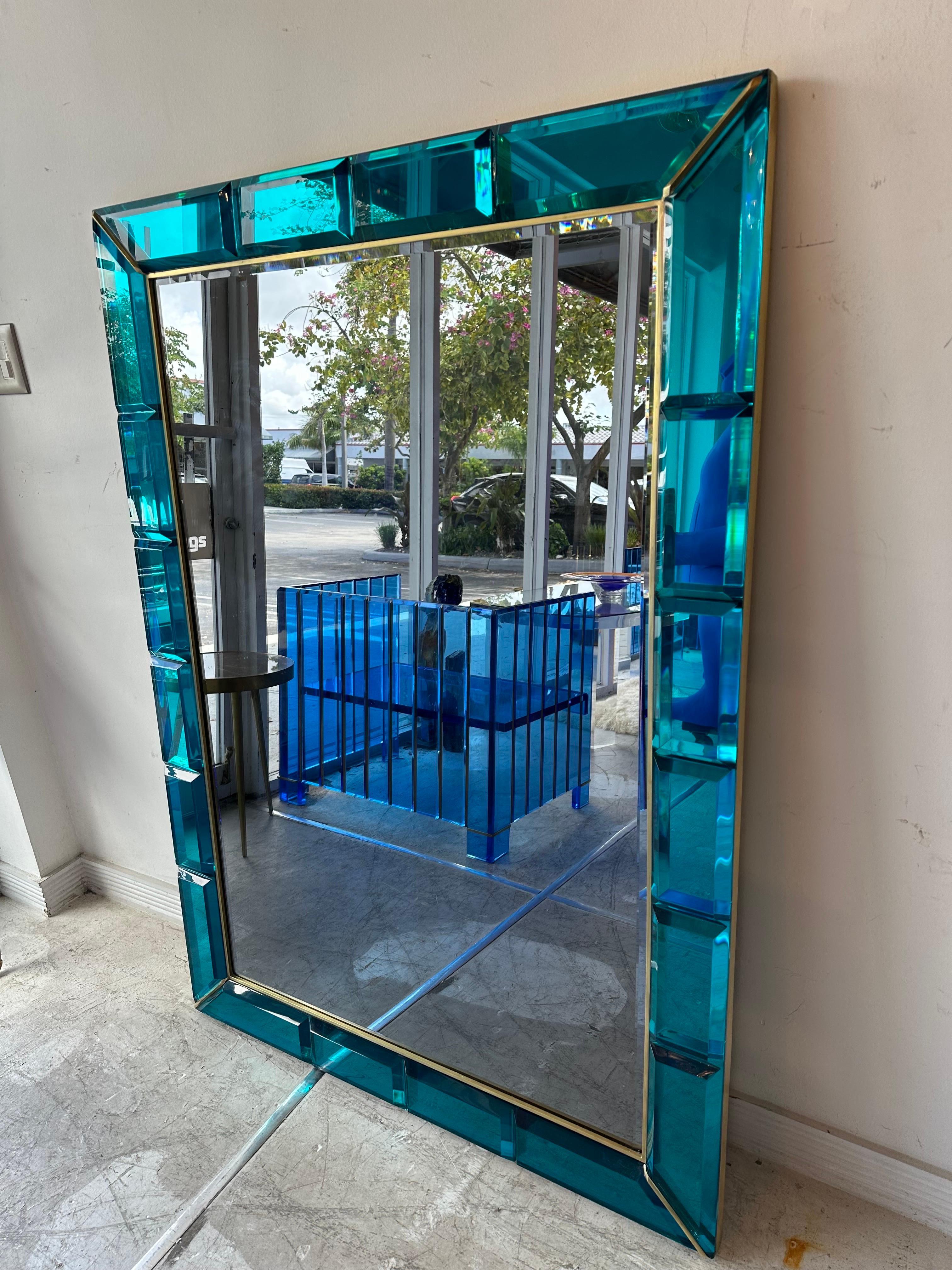 Mid-Century Modern Large Italian Handcrafted Aqua Blue Gem Cut Mirror with Brass Trim For Sale